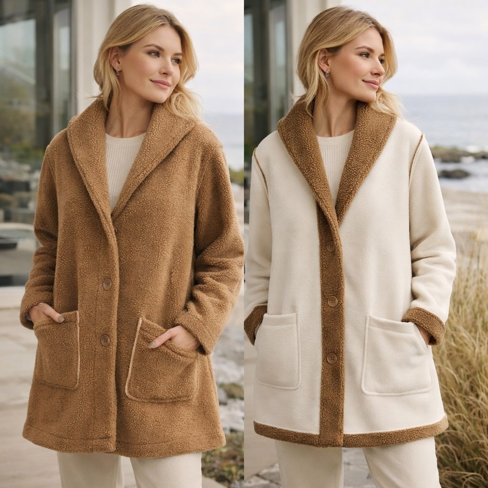 Susan Graver‎ Reversible Coat M Cream Tan Teddy Sherpa Jacket Cozy Quiet Luxury